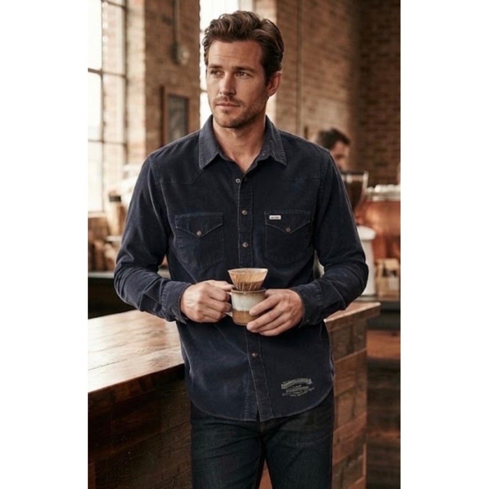 American Eagle Mens Navy Blue Corduroy Western Slim Fit Button Down Shirt Medium